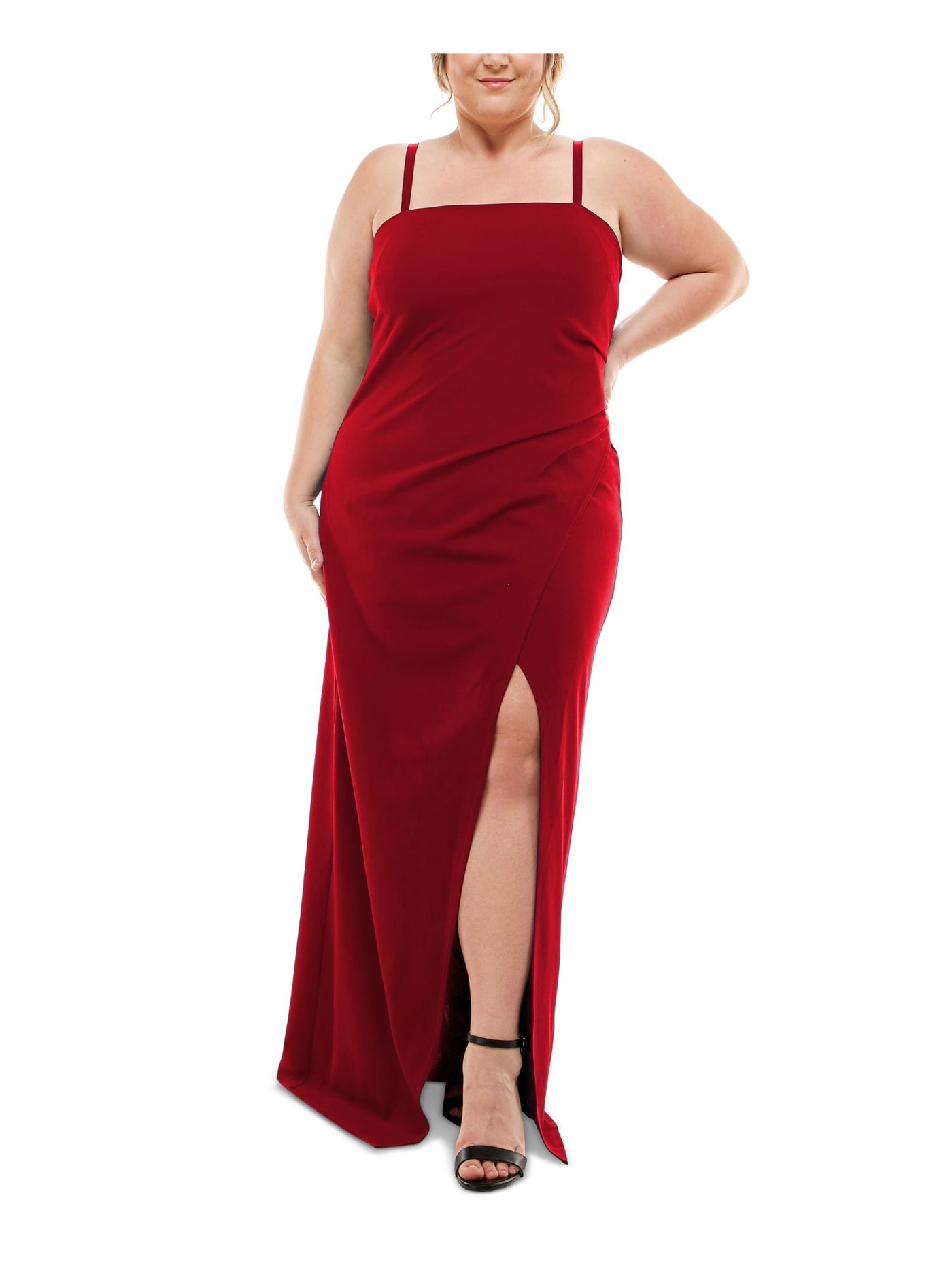 EMERALD SUNDAE Womens Red Pleated Adjustable Faux-wrap Skirt Slitted Pullover Sleeveless Square Neck Maxi Evening Body Con Dress 20