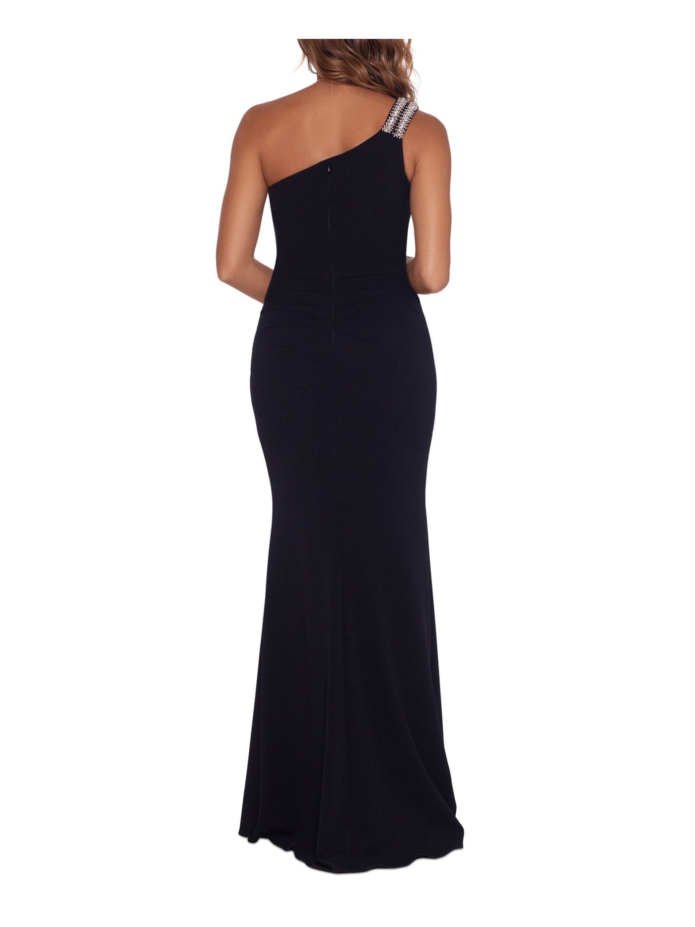 XSCAPE Womens Black Beaded Zippered Sleeveless Asymmetrical Neckline Maxi Cocktail Gown Dress Petites 14P