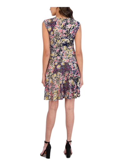 SIGNATURE BY ROBBIE BEE Womens Navy Stretch Unlined Floral Cap Sleeve V Neck Above The Knee Fit + Flare Dress Petites PM