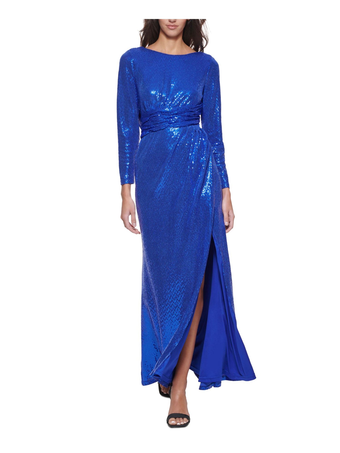 CALVIN KLEIN Womens Blue Zippered Embellished Slitted Lined Scoop Back Ruched 3/4 Sleeve Boat Neck Full-Length Formal Gown Dress 14