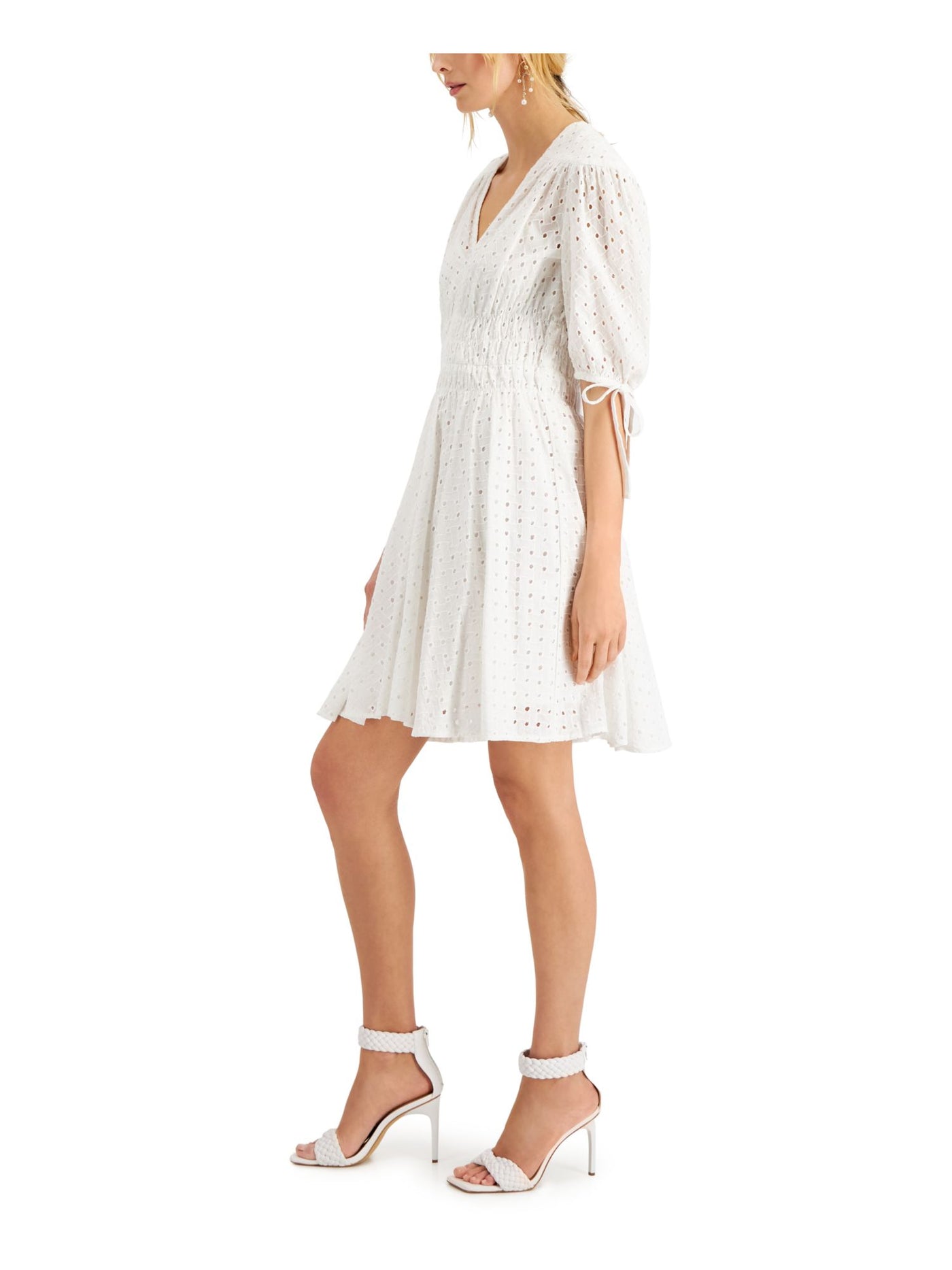 TAYLOR PETITE Womens White Eyelet Smocked Tie Lined Sheer Pullover Elbow Sleeve V Neck Above The Knee Fit + Flare Dress Petites 8P