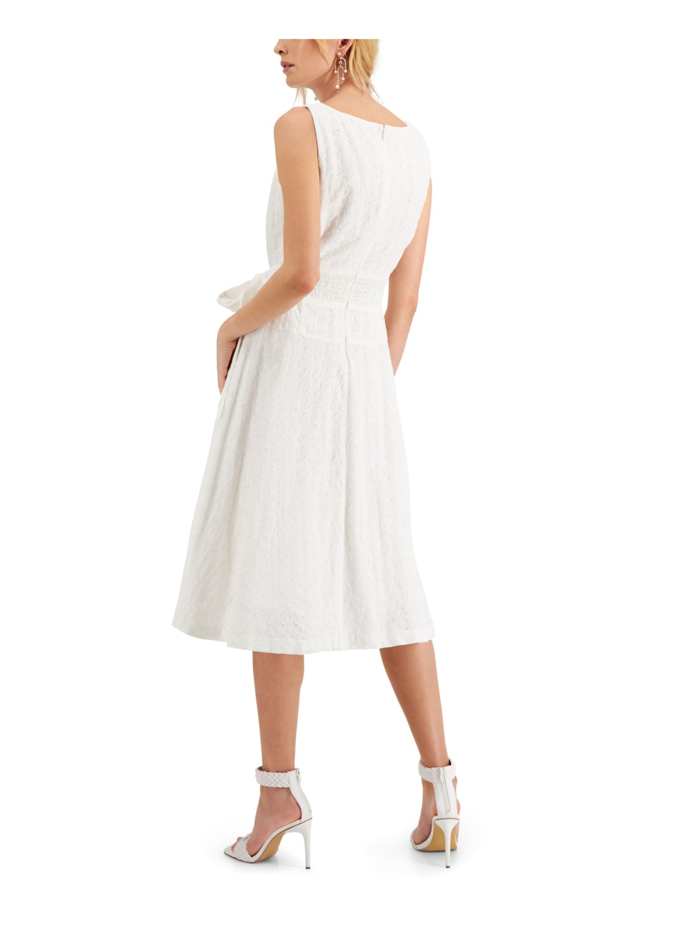 TAYLOR Womens White Zippered Eyelet Tie Belt Lined Smocked Sleeveless V Neck Below The Knee Fit + Flare Dress Petites 2P