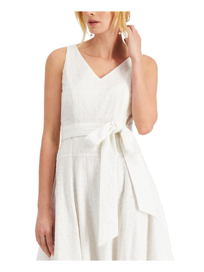 TAYLOR Womens White Zippered Eyelet Tie Belt Lined Smocked Sleeveless V Neck Below The Knee Fit + Flare Dress Petites 10P