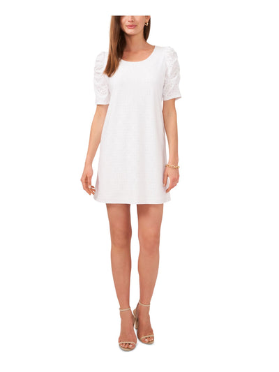 MSK PETITES Womens White Cut Out Lined Short Sleeve Round Neck Above The Knee Shift Dress Petites PL