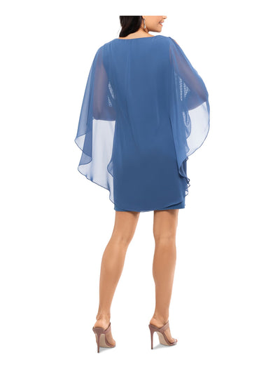 X BY XSCAPE Womens Blue Embellished Chiffon 3/4 Split Sleeves Lined Boat Neck Short Party Sheath Dress 16