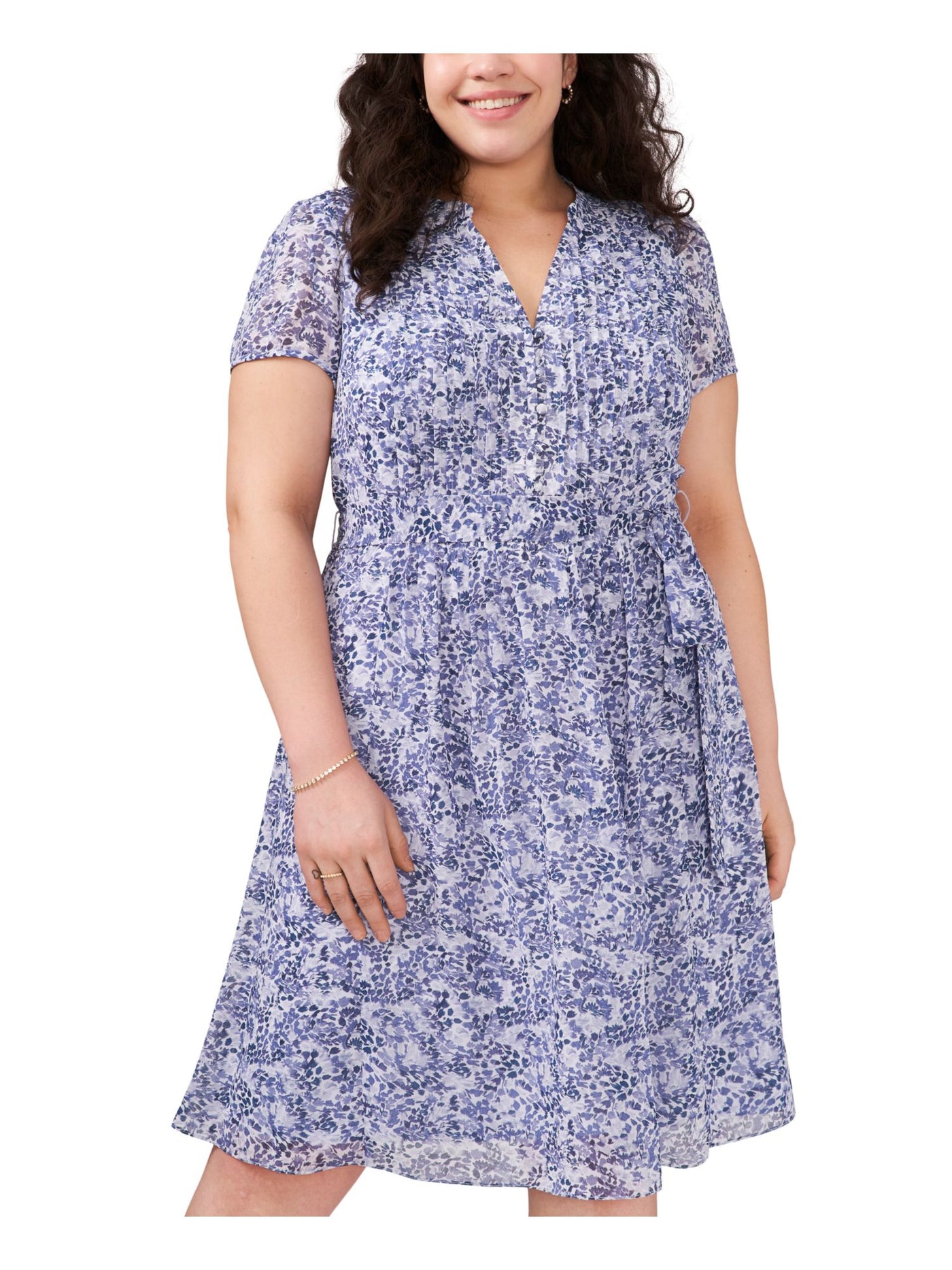 MSK WOMEN Womens Light Blue Belted Button Lined Floral Short Sleeve V Neck Knee Length Shirt Dress Plus 22W