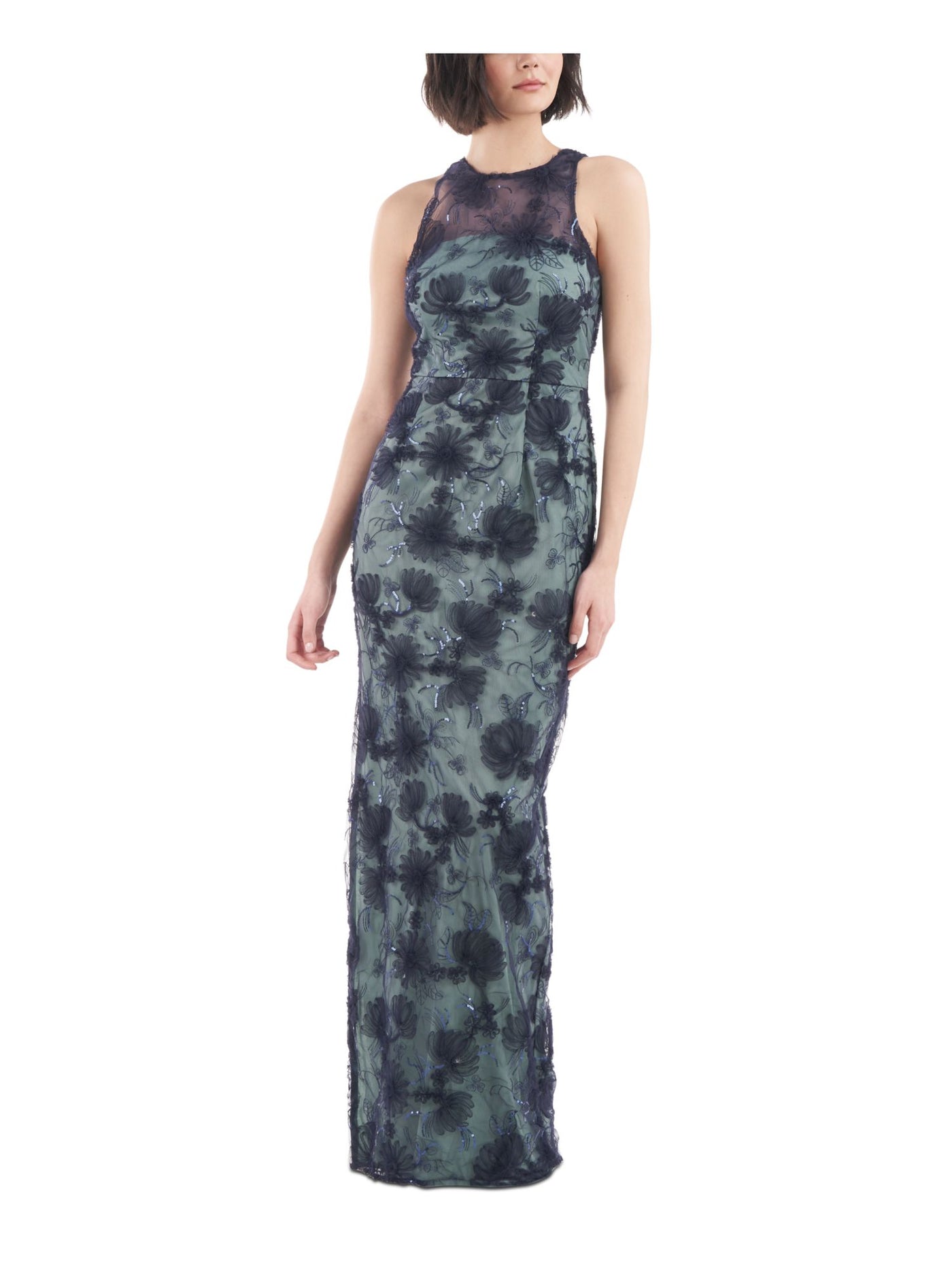 JS COLLECTION Womens Embroidered Sleeveless Round Neck Full-Length Evening Sheath Dress