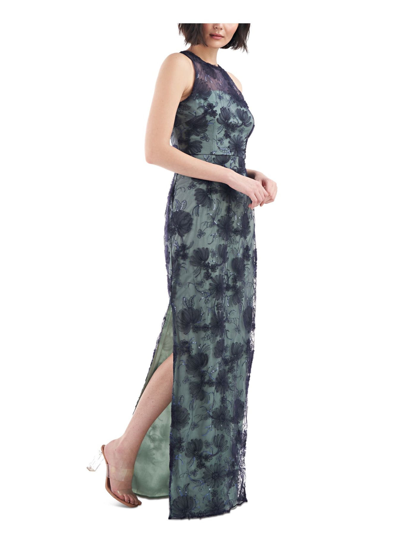 JS COLLECTION Womens Embroidered Sleeveless Round Neck Full-Length Evening Sheath Dress