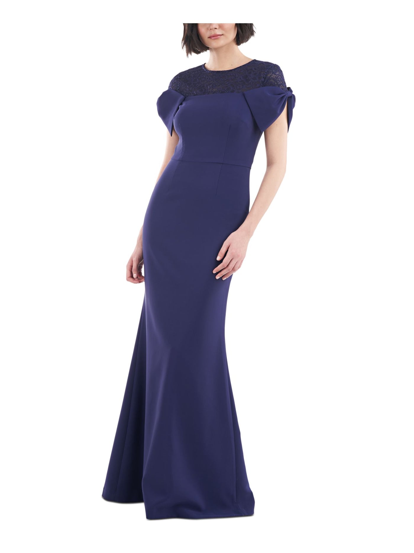JS COLLECTIONS Womens Blue Zippered Slitted Bow Detail Cap Sleeves Crew Neck Full-Length Formal Gown Dress 16