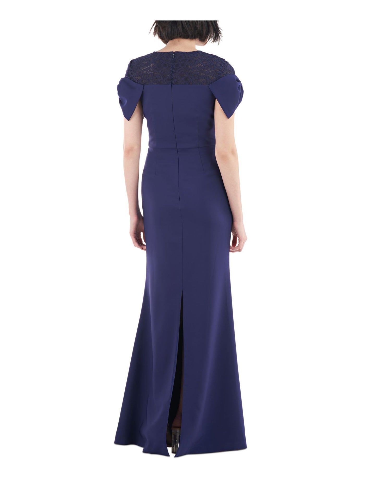 JS COLLECTION Womens Navy Zippered Slitted Bow Detail Cap Sleeves Crew Neck Full-Length Formal Gown Dress 2