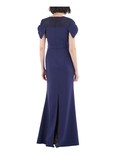 JS COLLECTION Womens Navy Zippered Slitted Bow Detail Cap Sleeves Crew Neck Full-Length Formal Gown Dress 10