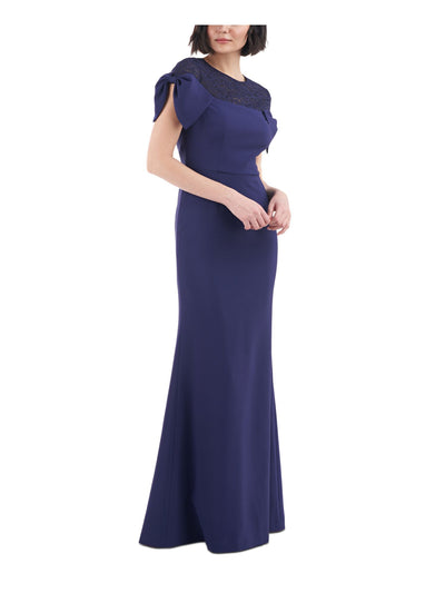 JS COLLECTION Womens Navy Zippered Slitted Bow Detail Cap Sleeves Crew Neck Full-Length Formal Gown Dress 2