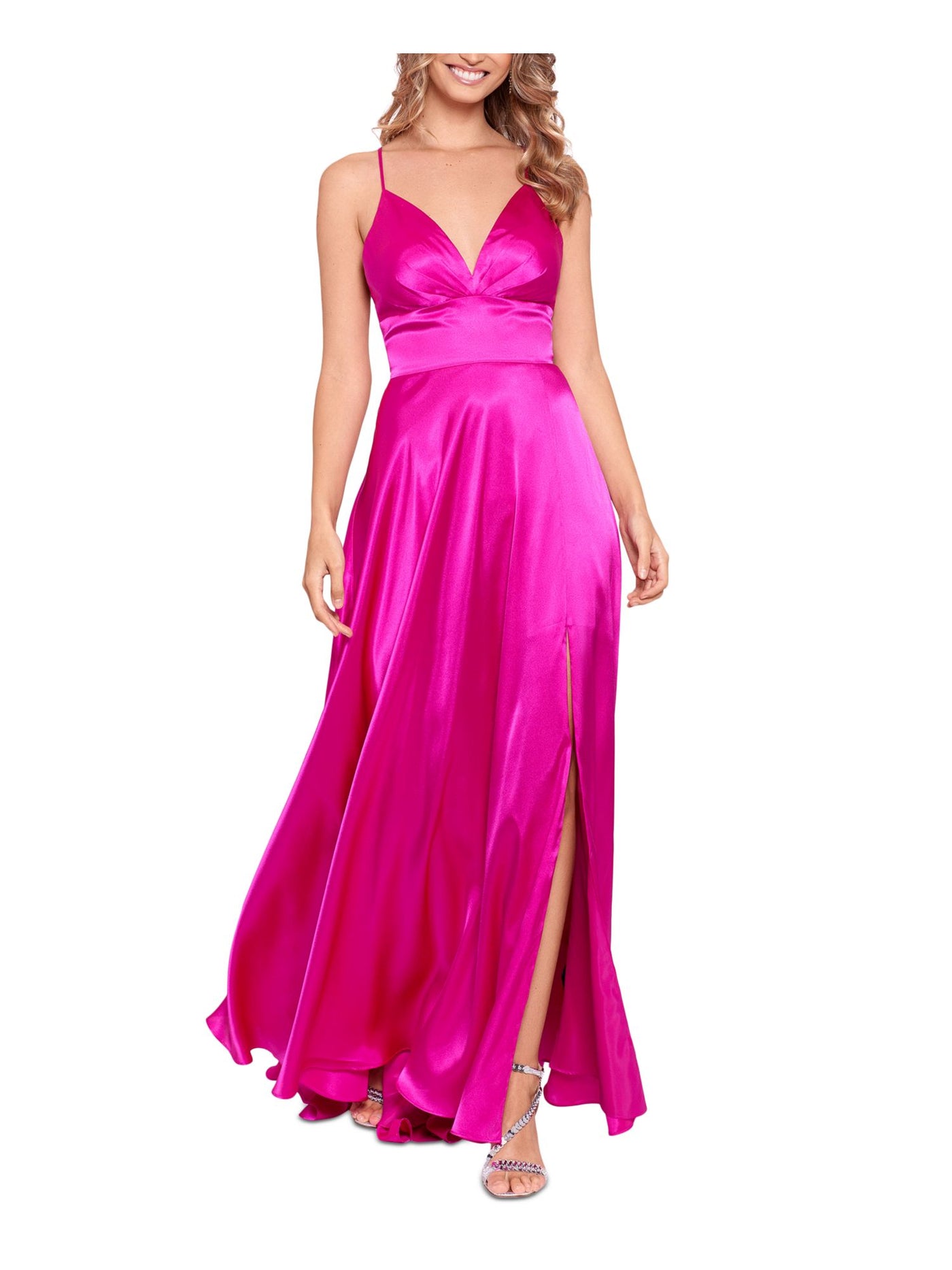 BLONDIE NITES Womens Pink Slitted Zippered Corset Back Spaghetti Strap V Neck Full-Length Formal Gown Dress Juniors 1