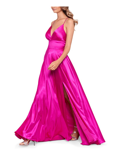 BLONDIE Womens Pink Slitted Zippered Corset Back Spaghetti Strap V Neck Full-Length Formal Gown Dress Juniors 3