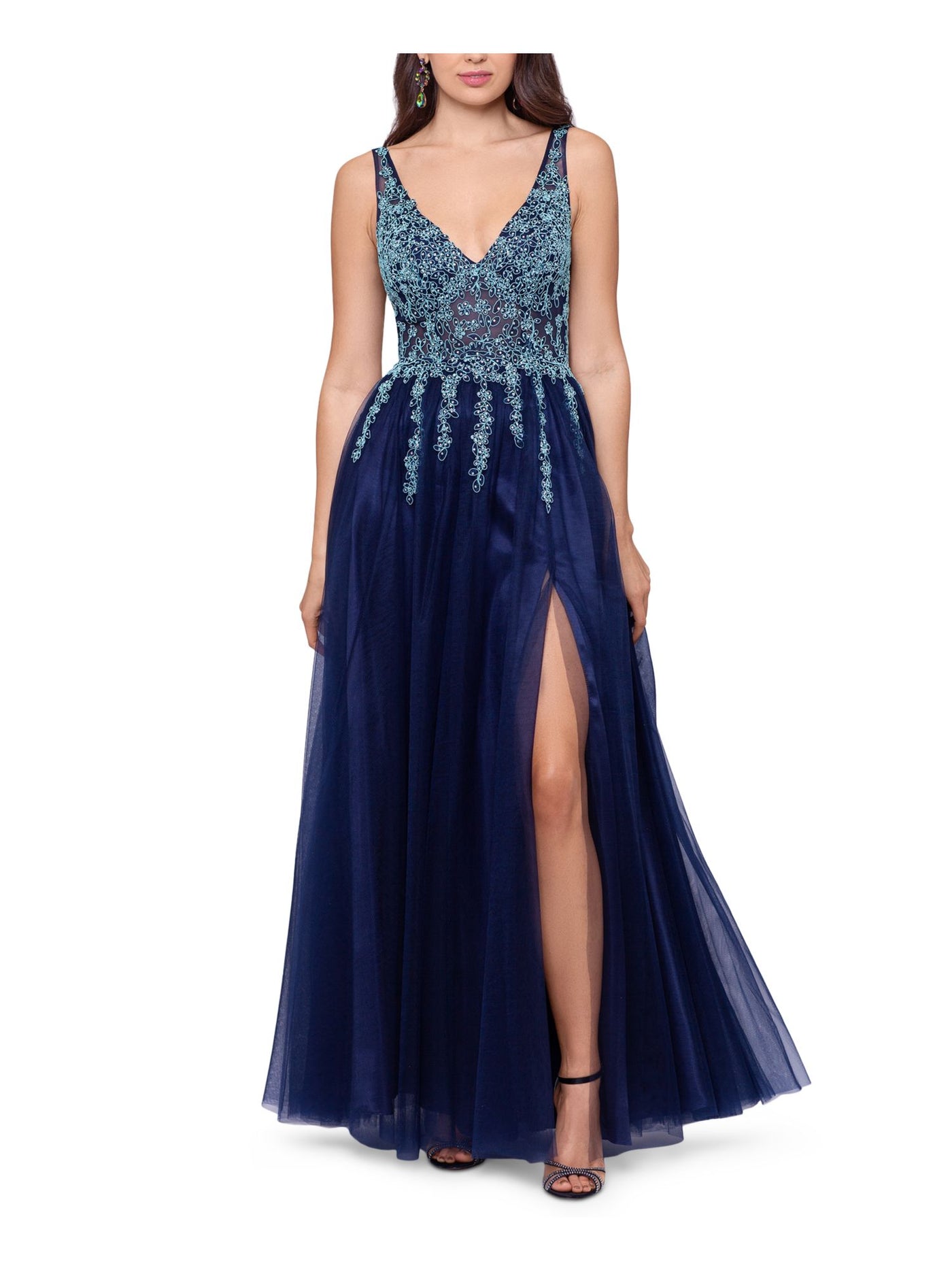 BLONDIE NITES Womens Navy Mesh Embellished Zippered Sheer Beaded Front Slit Lined Sleeveless V Neck Full-Length Evening Gown Dress 3