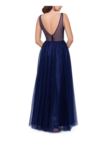 BLONDIE NITES Womens Navy Mesh Embellished Zippered Sheer Beaded Front Slit Lined Sleeveless V Neck Full-Length Evening Gown Dress 3