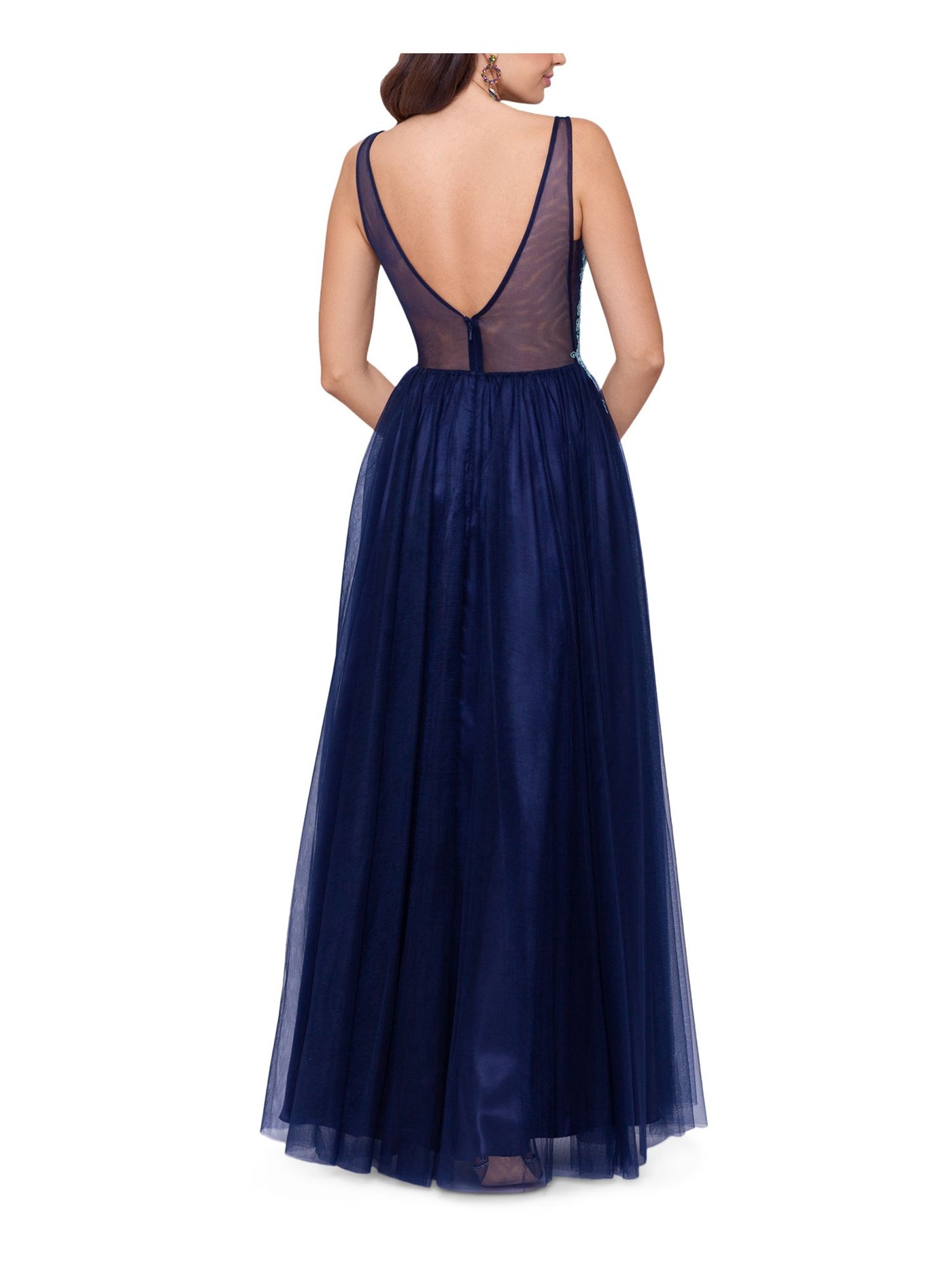 BLONDIE Womens Navy Mesh Embellished Zippered Sheer Beaded Front Slit Lined Sleeveless V Neck Full-Length Evening Gown Dress 9