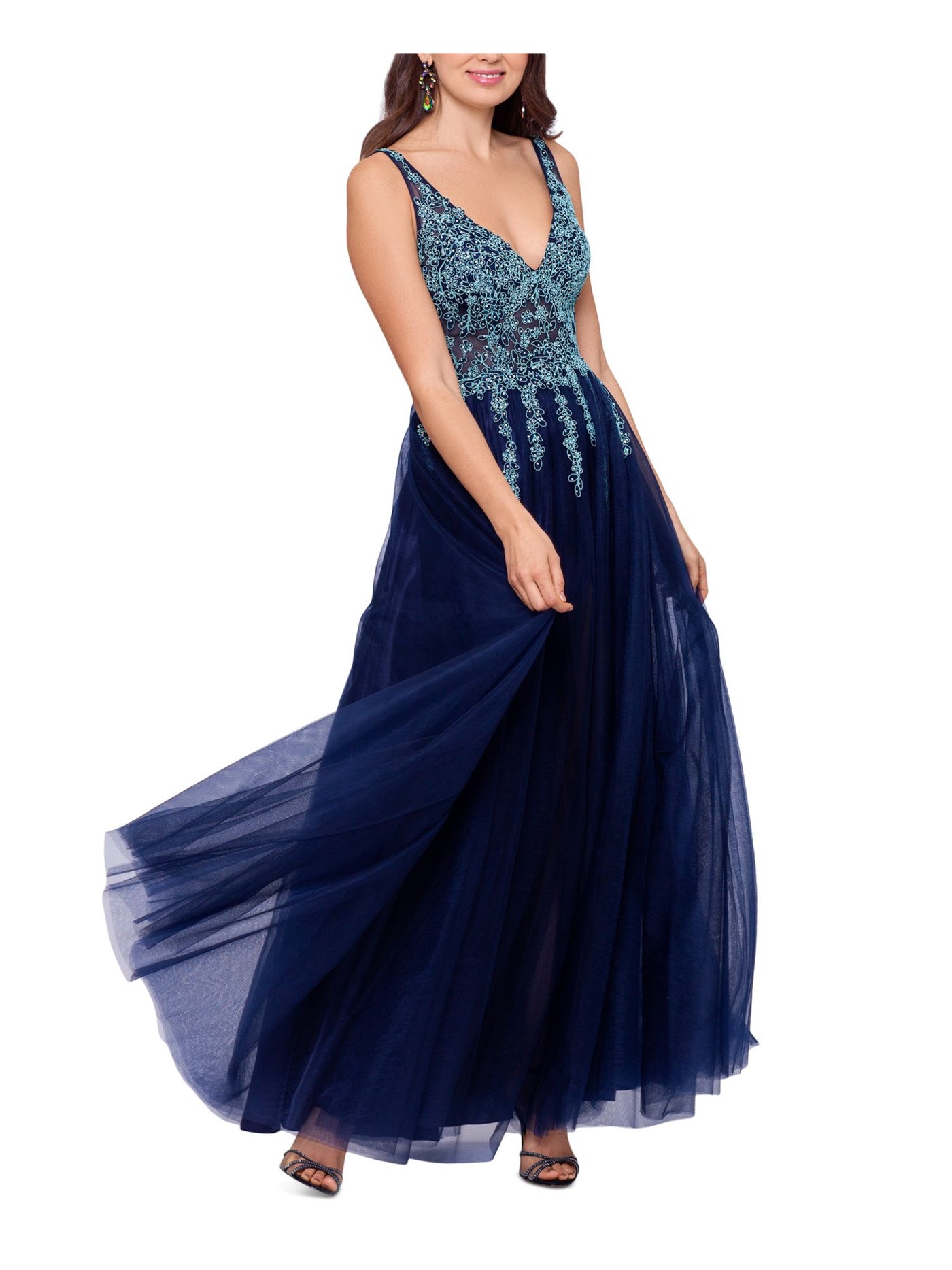 BLONDIE NITES Womens Navy Mesh Embellished Zippered Sheer Beaded Front Slit Lined Sleeveless V Neck Full-Length Evening Gown Dress 3