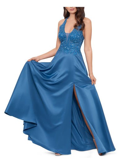 BLONDIE Womens Blue Embellished Zippered Plunging V-neck Mesh Back Straps Sleeveless Full-Length Prom Fit + Flare Dress Juniors 13