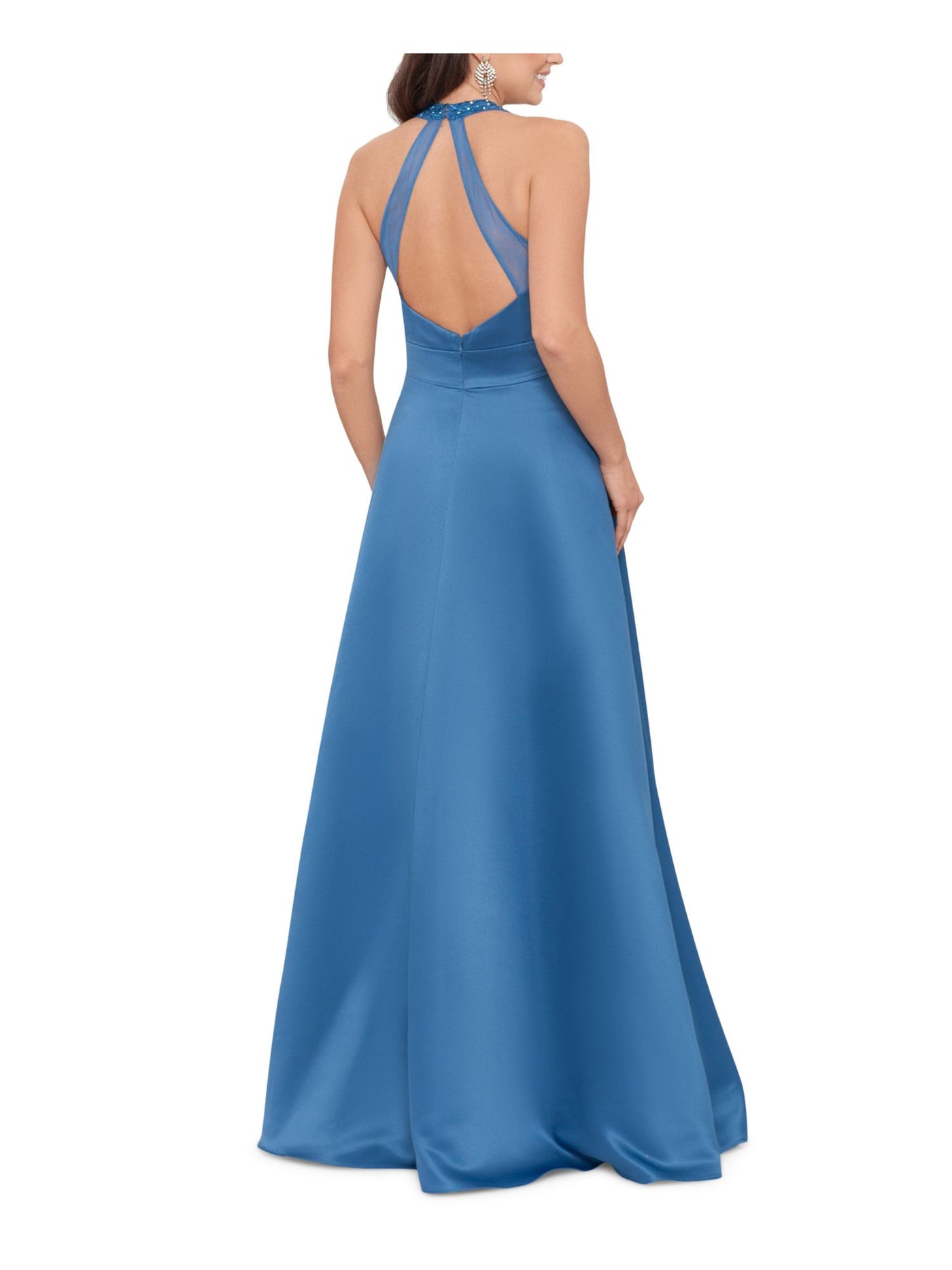 BLONDIE Womens Blue Embellished Zippered Plunging V-neck Mesh Back Straps Sleeveless Full-Length Prom Fit + Flare Dress Juniors 15