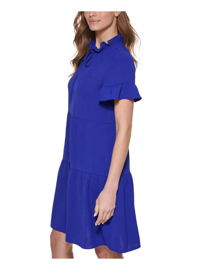 DKNY Womens Blue Stretch Ruffled Unlined Tiered Pullover Sheer Short Sleeve Tie Neck Above The Knee Shift Dress 2