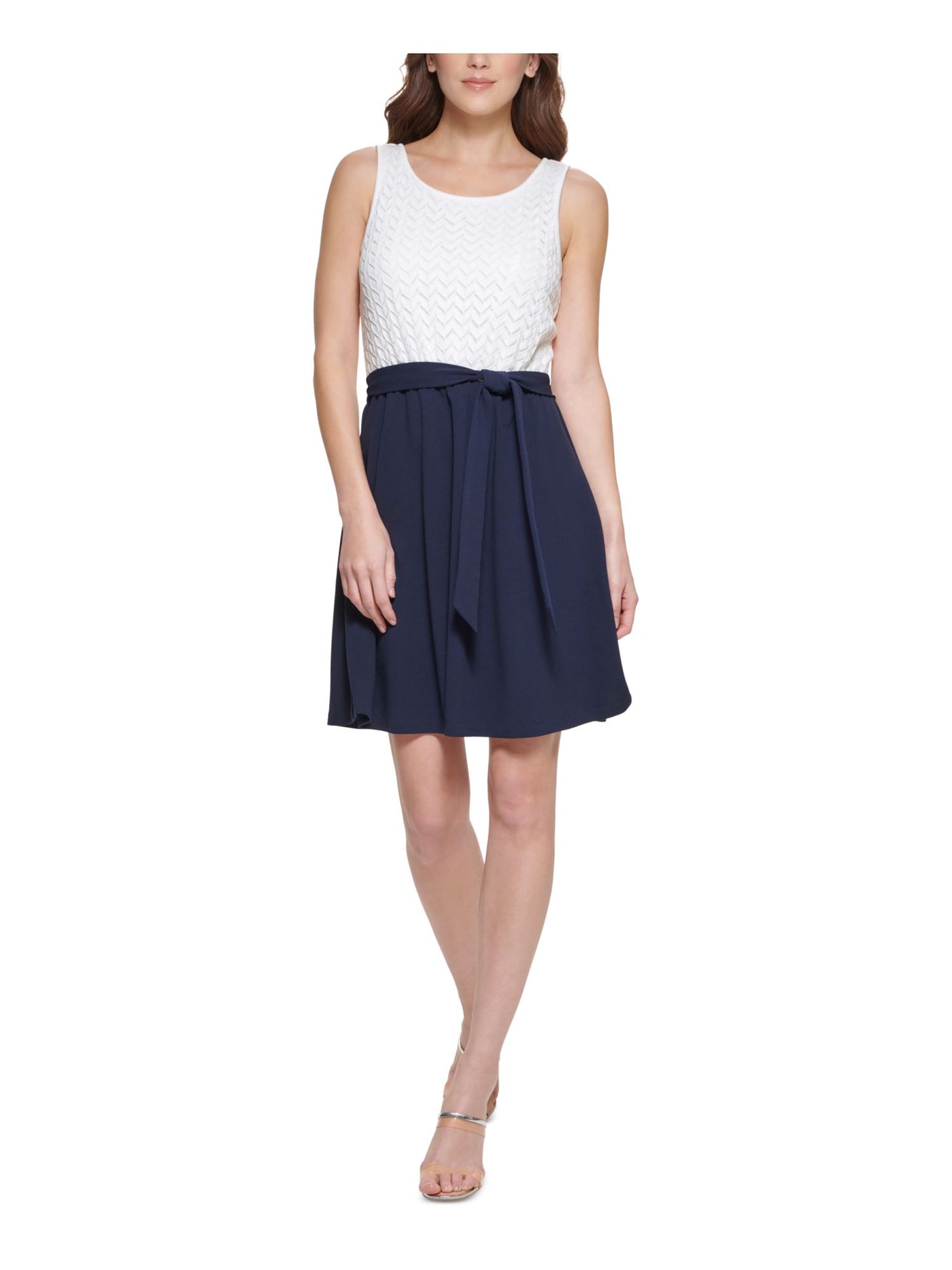 DKNY Womens White Zippered Tie Partially Lined Color Block Sleeveless Round Neck Above The Knee Fit + Flare Dress 12