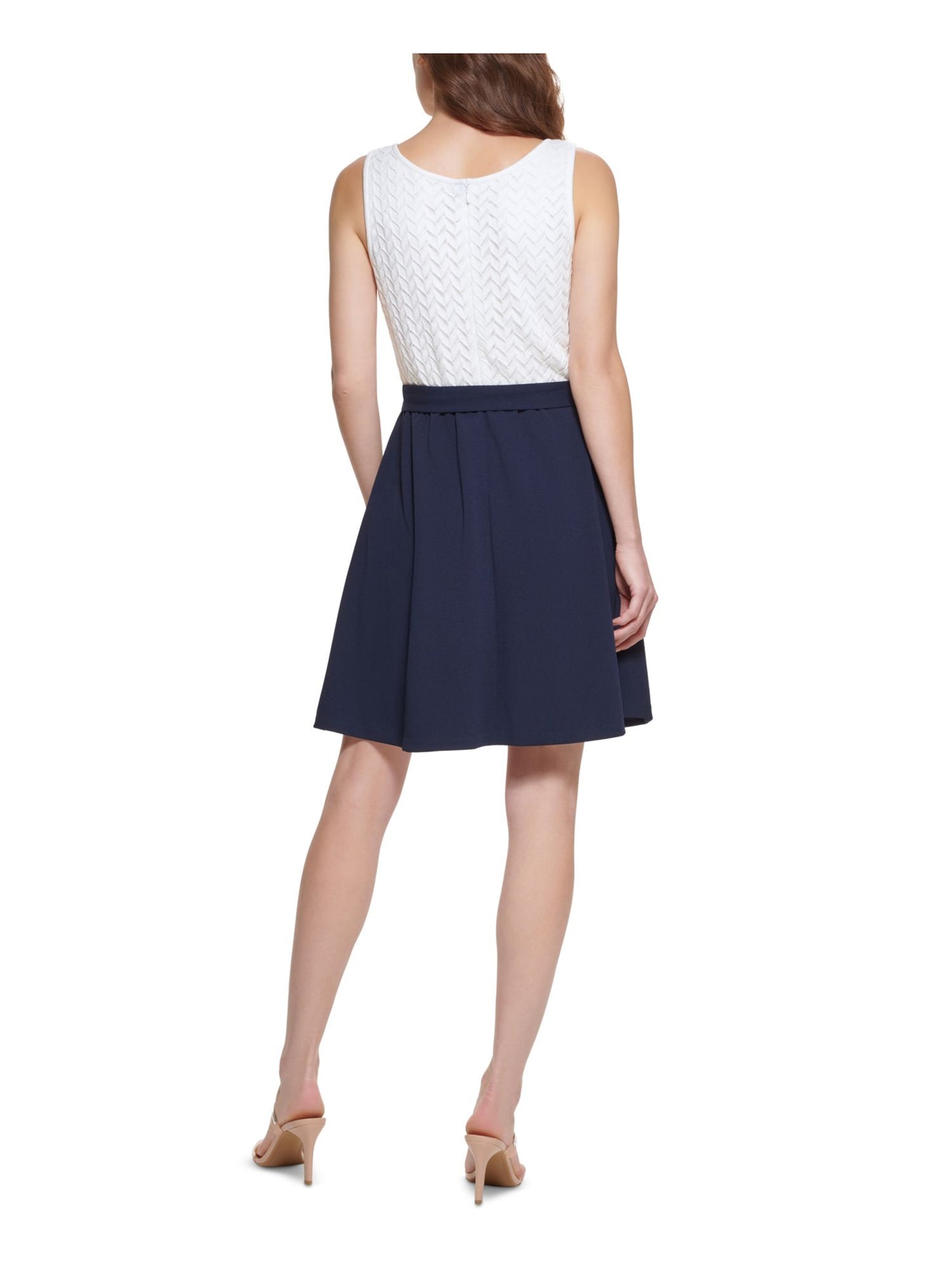 DKNY Womens White Zippered Tie Partially Lined Color Block Sleeveless Round Neck Above The Knee Fit + Flare Dress 12