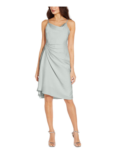 AIDAN AIDAN MATTOX Womens Green Adjustable Zippered Slip Silhouette Pullover Pleated Spaghetti Strap Cowl Neck Knee Length Cocktail Dress 14
