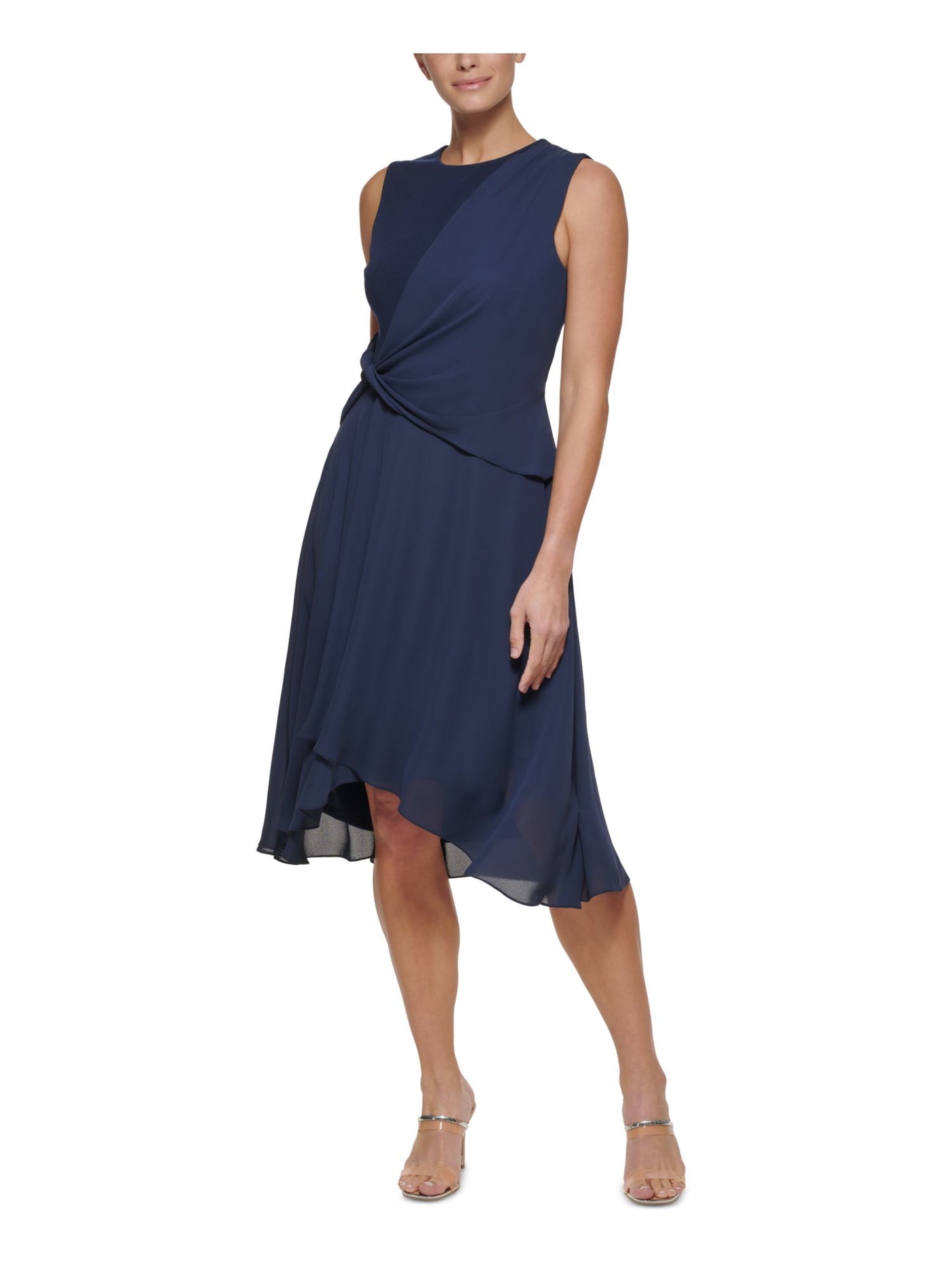 DKNY Womens Navy Zippered Twist Front Draped Lined Hi Lo Hem Overlay Sleeveless Round Neck Below The Knee Fit + Flare Dress 8