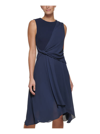 DKNY Womens Navy Zippered Twist Front Draped Lined Hi Lo Hem Overlay Sleeveless Round Neck Below The Knee Fit + Flare Dress 8