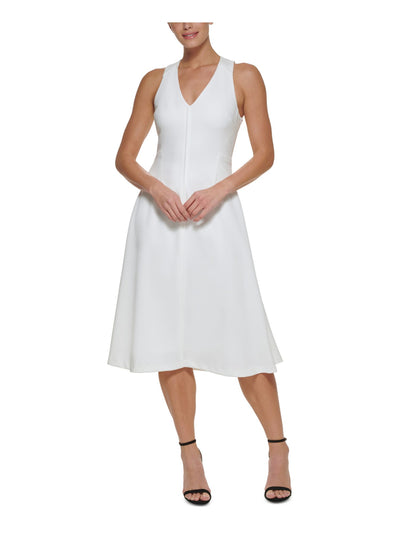 DKNY Womens White Zippered Crisscross Back Lined Sleeveless V Neck Midi Fit + Flare Dress 8