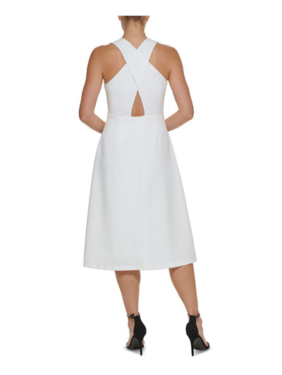 DKNY Womens White Zippered Crisscross Back Lined Sleeveless V Neck Midi Fit + Flare Dress 12