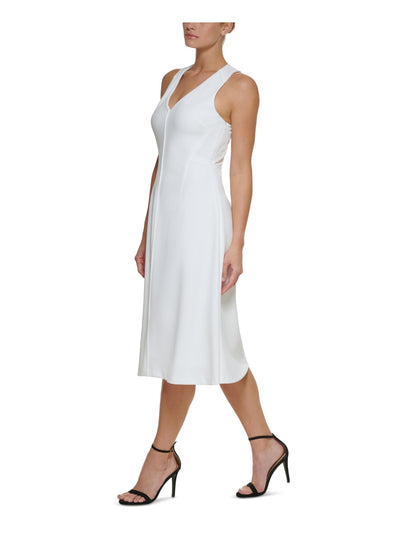 DKNY Womens Ivory Zippered Crisscross Back Lined Sleeveless V Neck Midi Fit + Flare Dress 14
