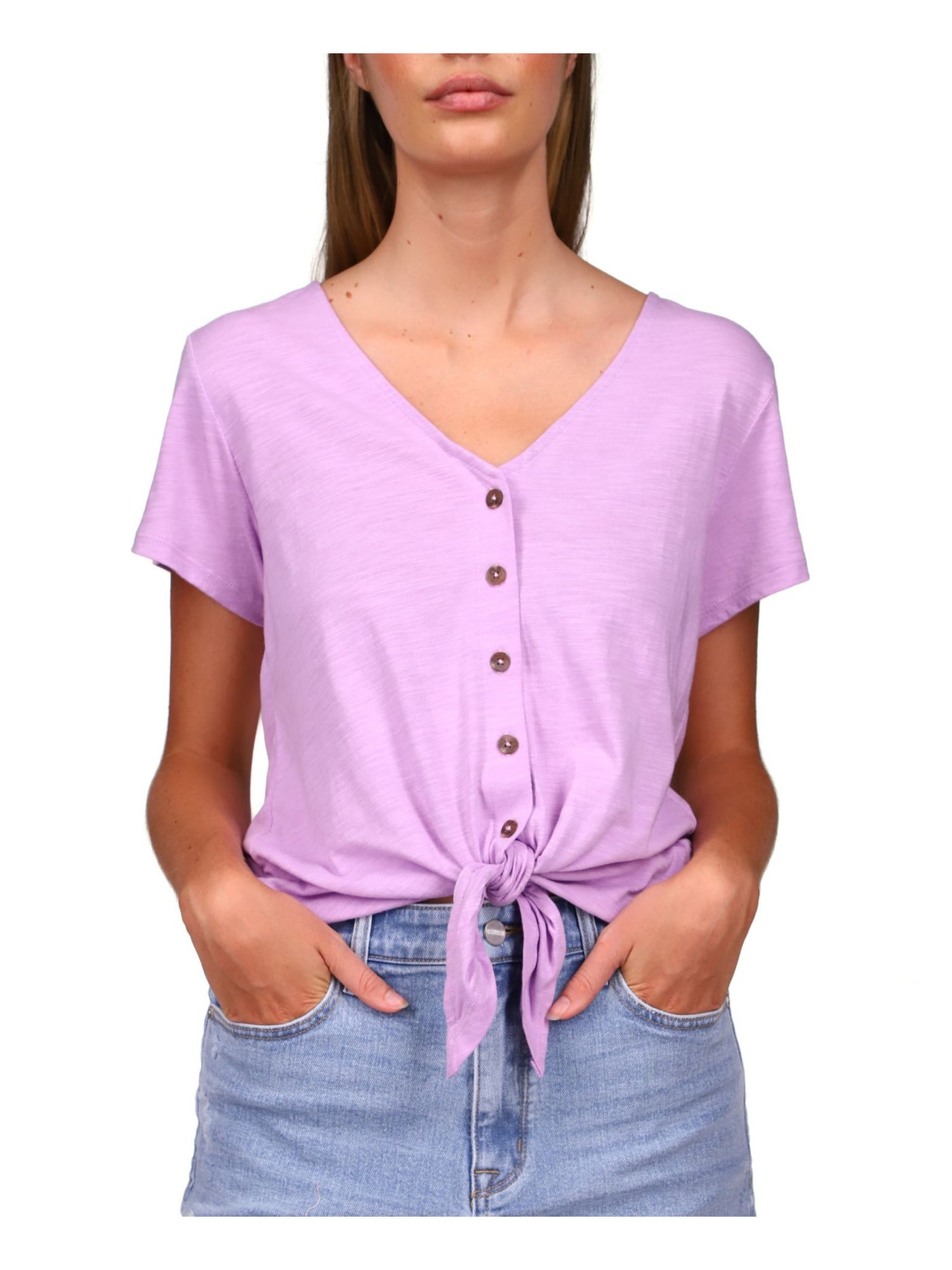 SANCTUARY Womens Purple Short Sleeve V Neck Button Up Top S