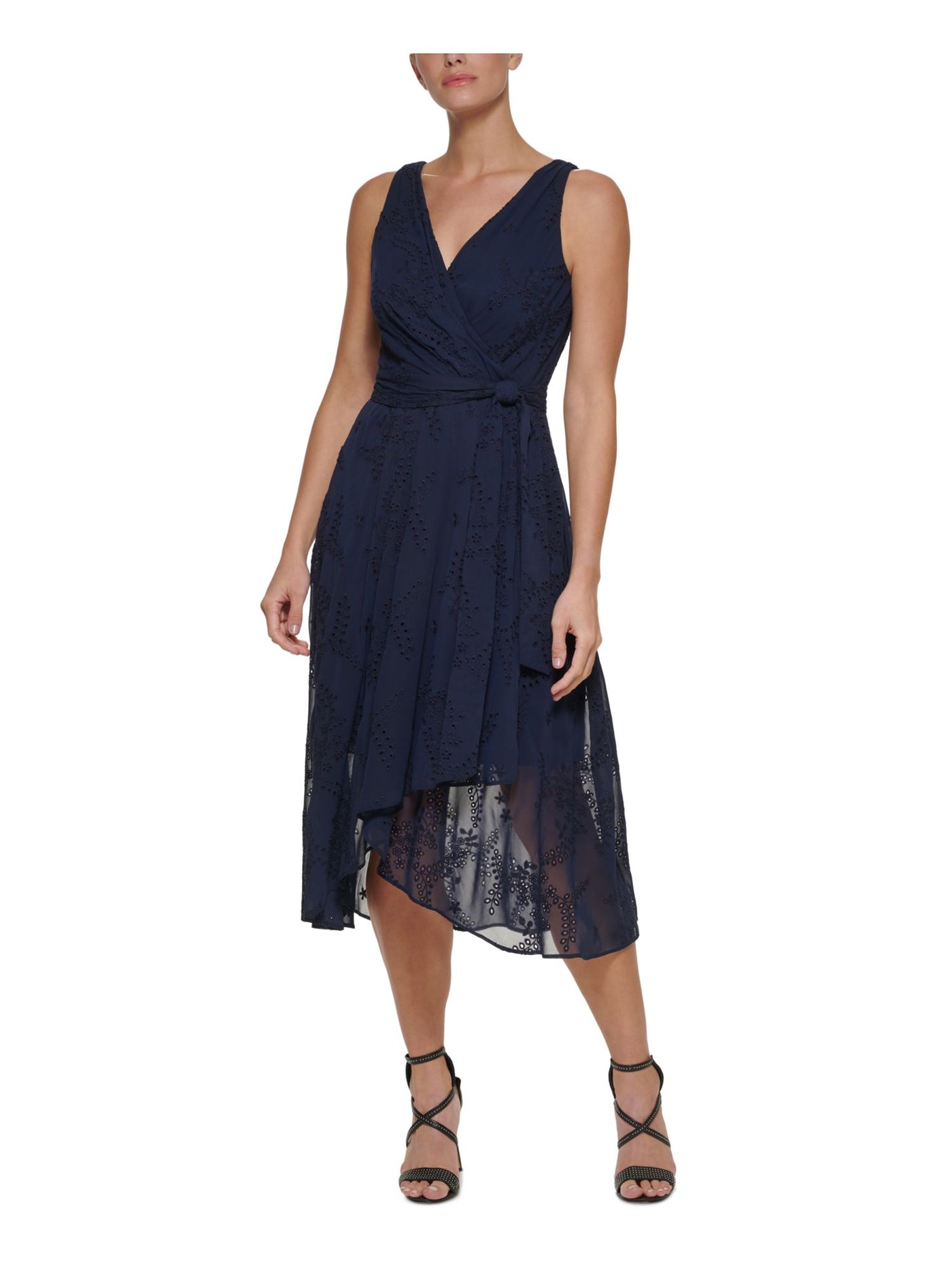 DKNY Womens Navy Zippered Tie Belt Lined Sleeveless Surplice Neckline Midi Wear To Work Faux Wrap Dress 16