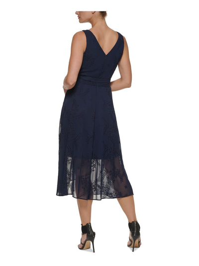 DKNY Womens Navy Zippered Tie Belt Lined Sleeveless Surplice Neckline Midi Wear To Work Faux Wrap Dress 16