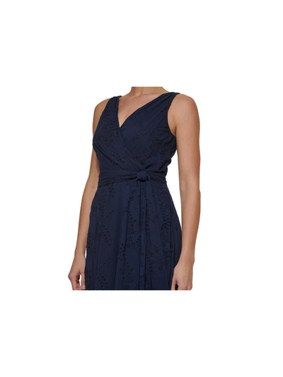 DKNY Womens Navy Zippered Tie Belt Lined Sleeveless Surplice Neckline Midi Wear To Work Faux Wrap Dress 16