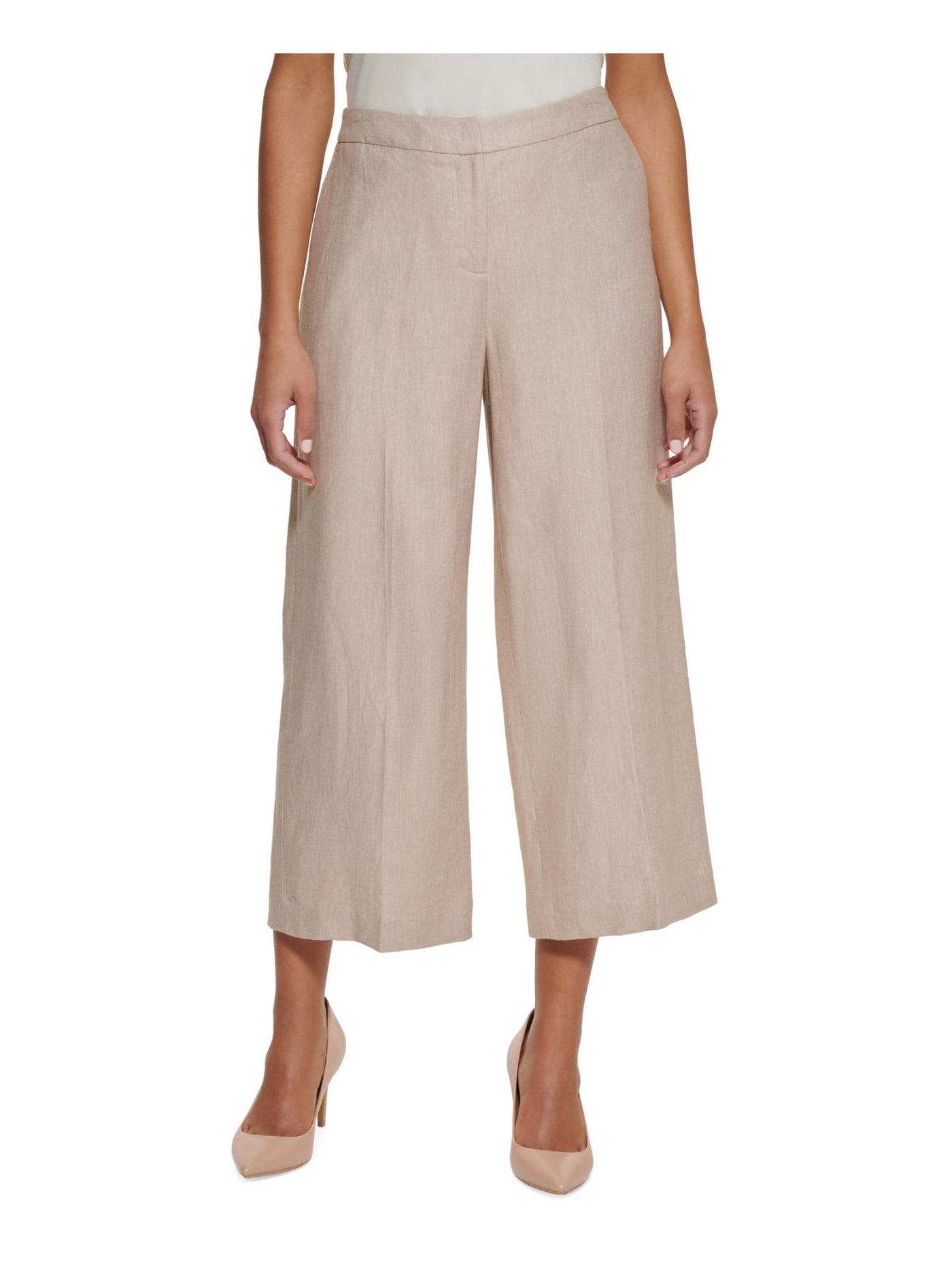 CALVIN KLEIN Womens Beige Zippered Pocketed Cropped Heather Wear To Work Wide Leg Pants Petites 14P