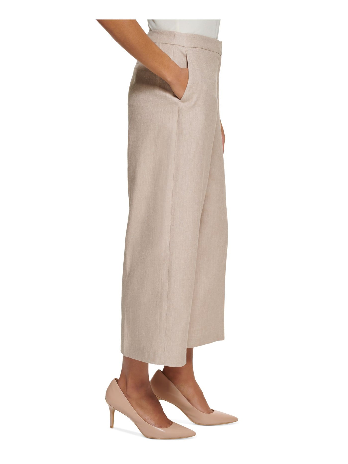 CALVIN KLEIN Womens Beige Zippered Pocketed Cropped Heather Wear To Work Wide Leg Pants Petites 2P