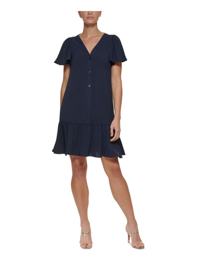 DKNY Womens Navy Sheer Ruffled Button Down Unlined Flutter Sleeve V Neck Above The Knee Shift Dress 12