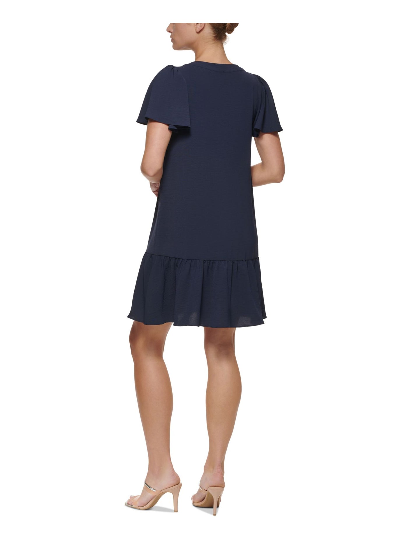DKNY Womens Navy Sheer Ruffled Button Down Unlined Flutter Sleeve V Neck Above The Knee Shift Dress 12