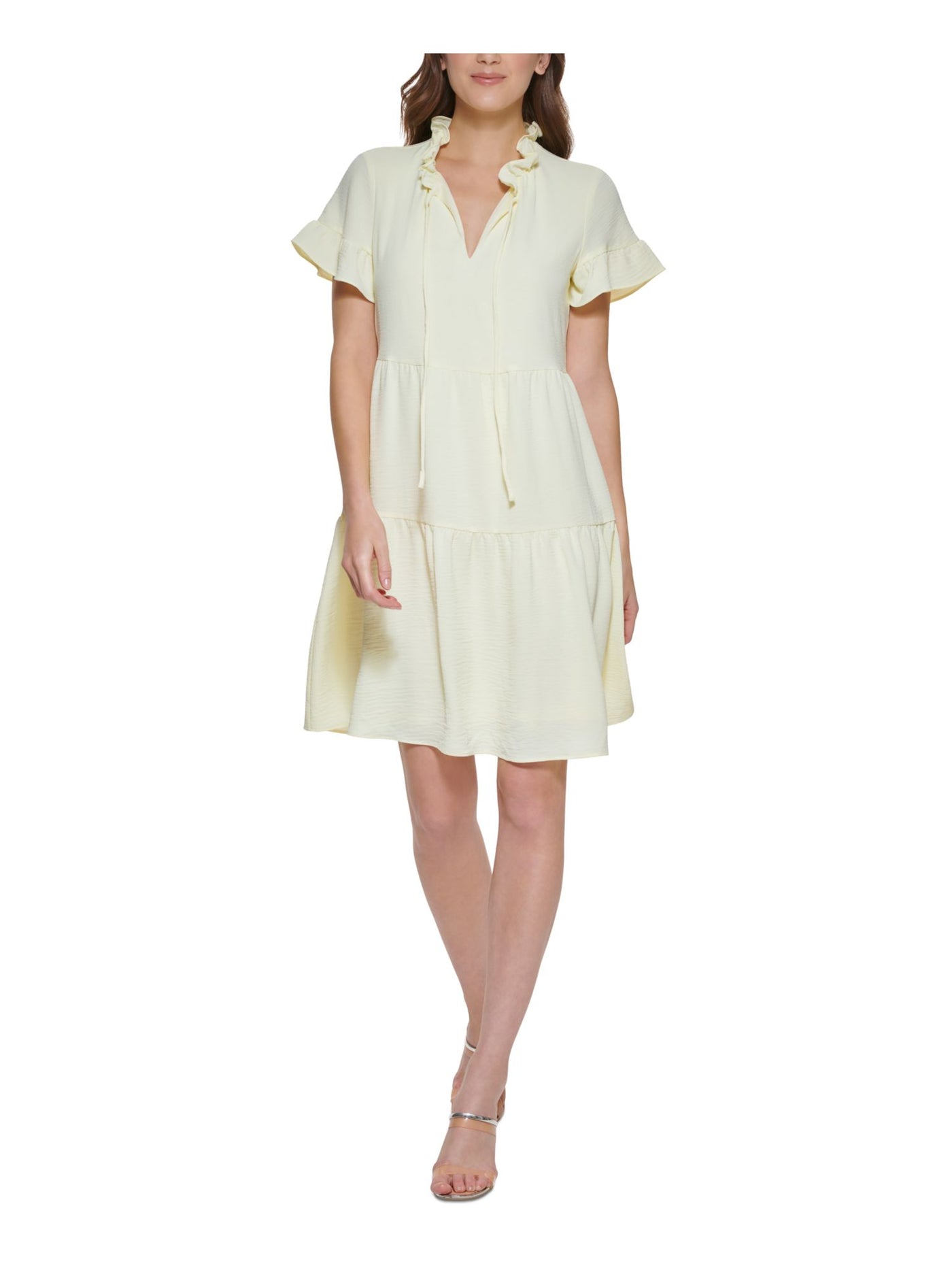 DKNY Womens Yellow Ruffled Lined Tiered Tie Pullover Flutter Sleeve Split Above The Knee Shift Dress 10