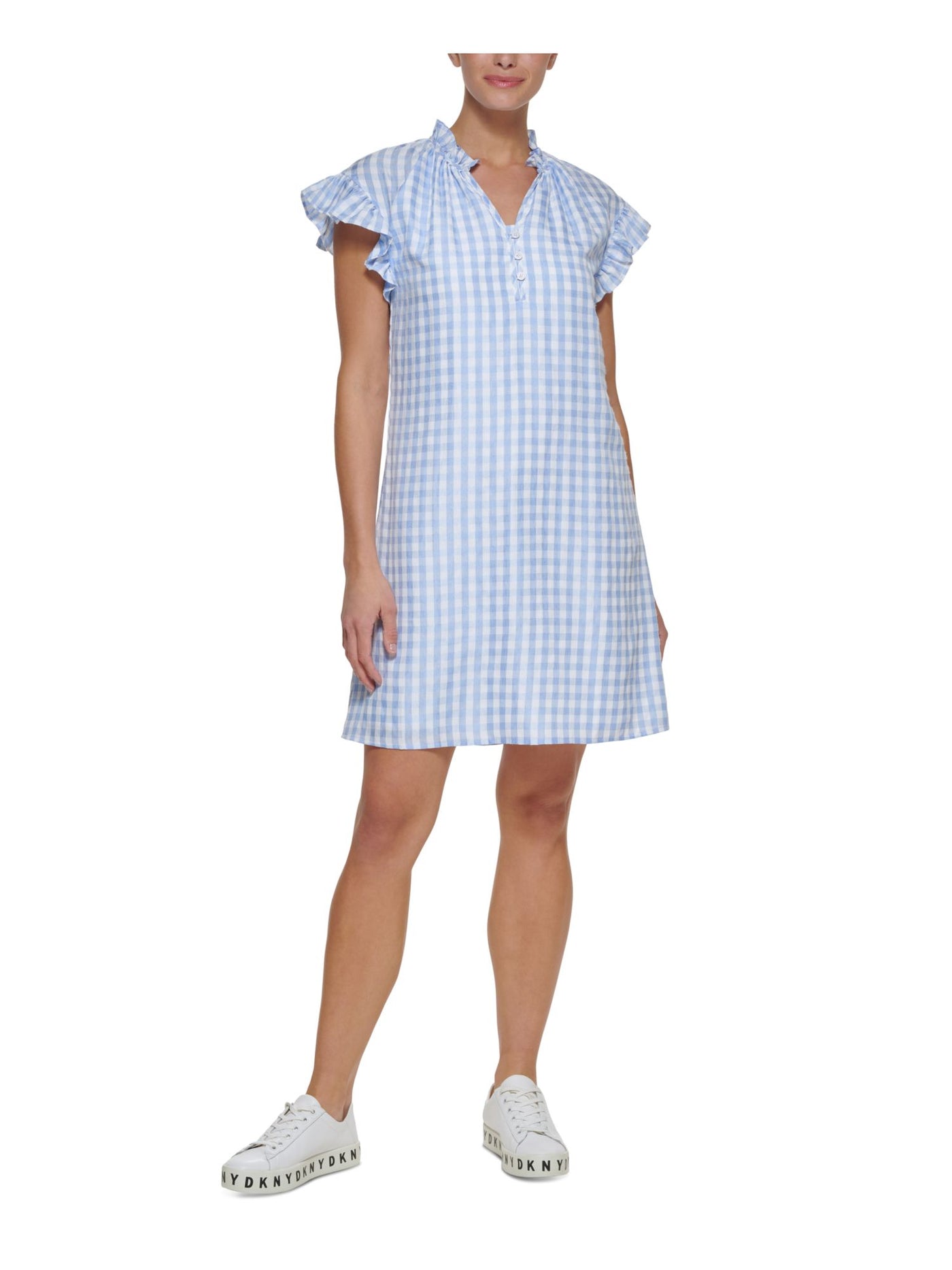 DKNY Womens Light Blue Ruffled Button Detail Lined Gingham Flutter Sleeve Split Short Shift Dress 6