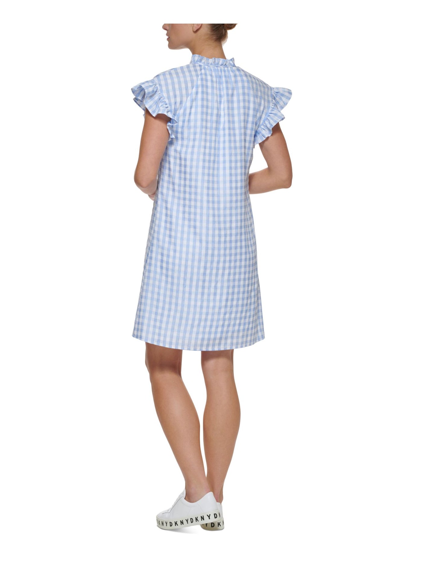 DKNY Womens Blue Ruffled Button Detail Lined Gingham Flutter Sleeve Split Short Shift Dress 8