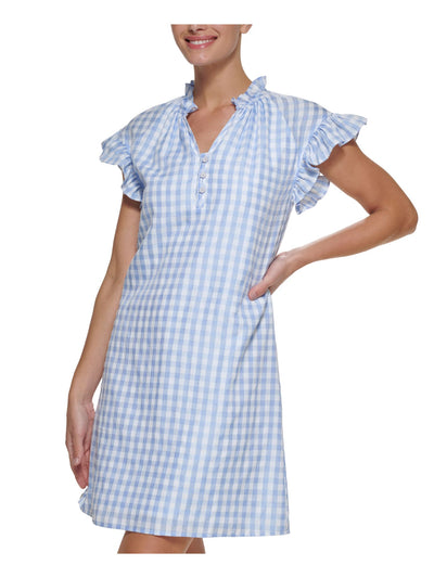 DKNY Womens Light Blue Ruffled Button Detail Lined Gingham Flutter Sleeve Split Short Shift Dress 4