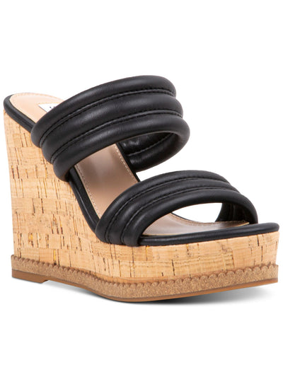 STEVE MADDEN Womens Black 1-1/2" Platform Cork-Like Quilted Wipeout Round Toe Wedge Slip On Heeled Sandal 9.5