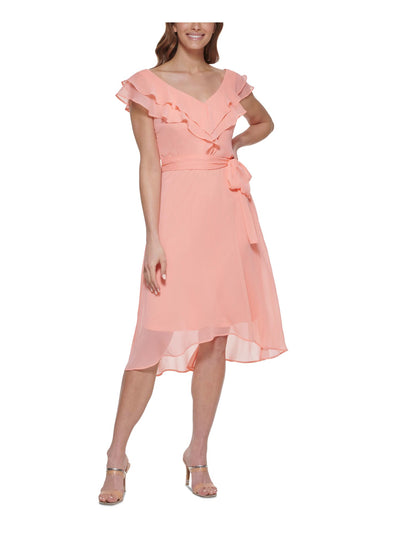 DKNY Womens Pink Zippered Belted Ruffled Lined Flutter Sleeve V Neck Above The Knee Fit + Flare Dress 10