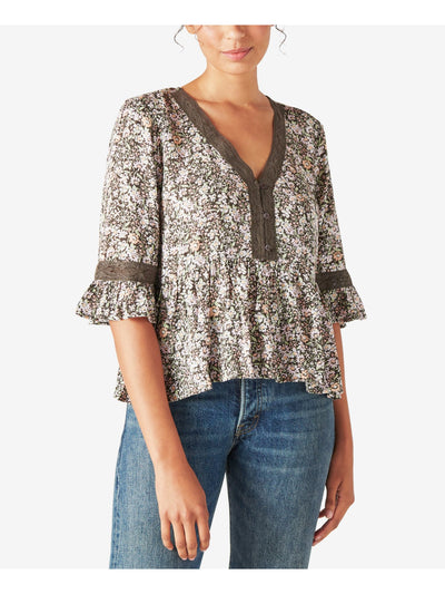 LUCKY BRAND Womens Brown Floral Elbow Sleeve V Neck Peplum Top S
