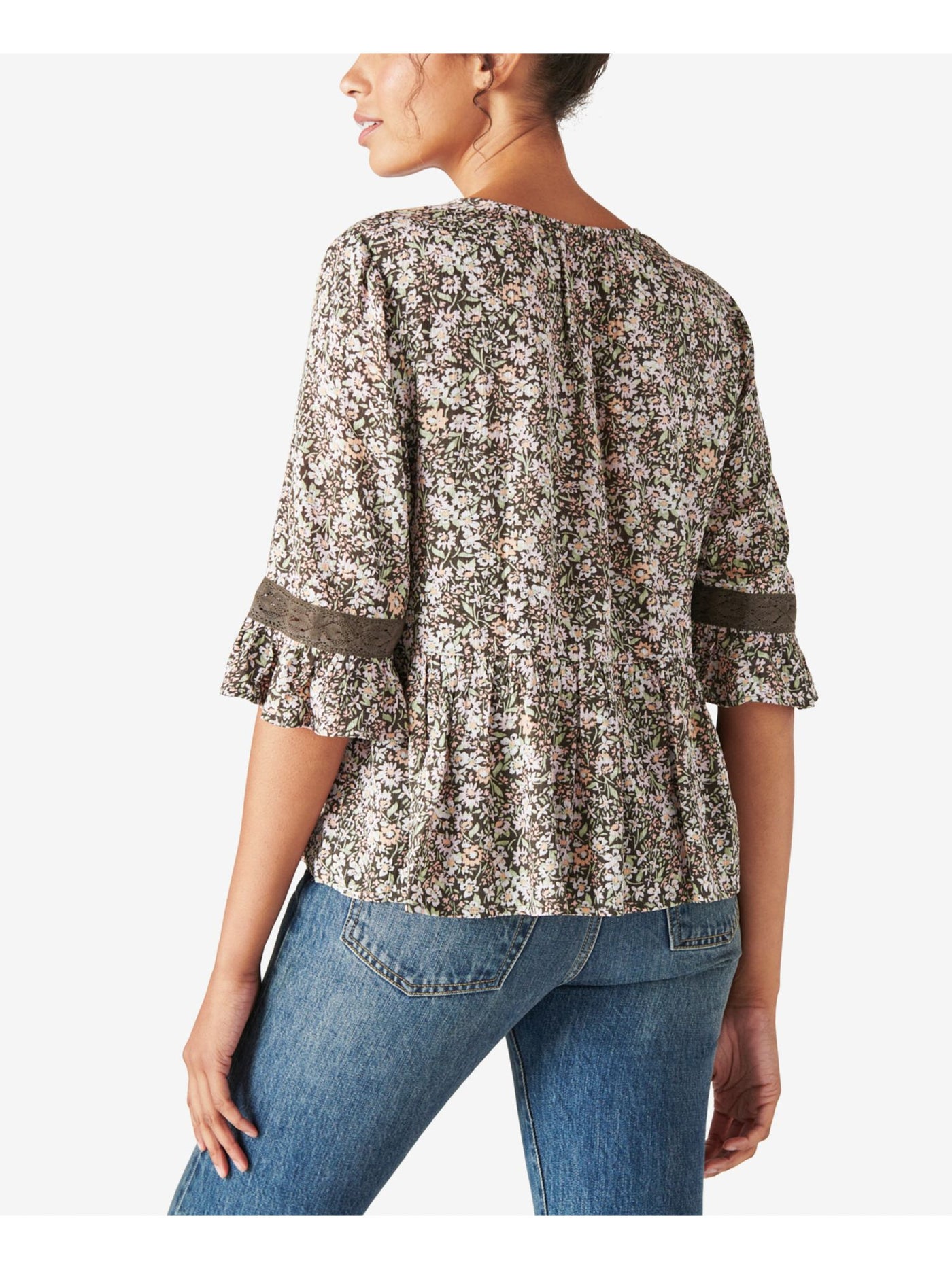 LUCKY BRAND Womens Brown Floral Elbow Sleeve V Neck Peplum Top S