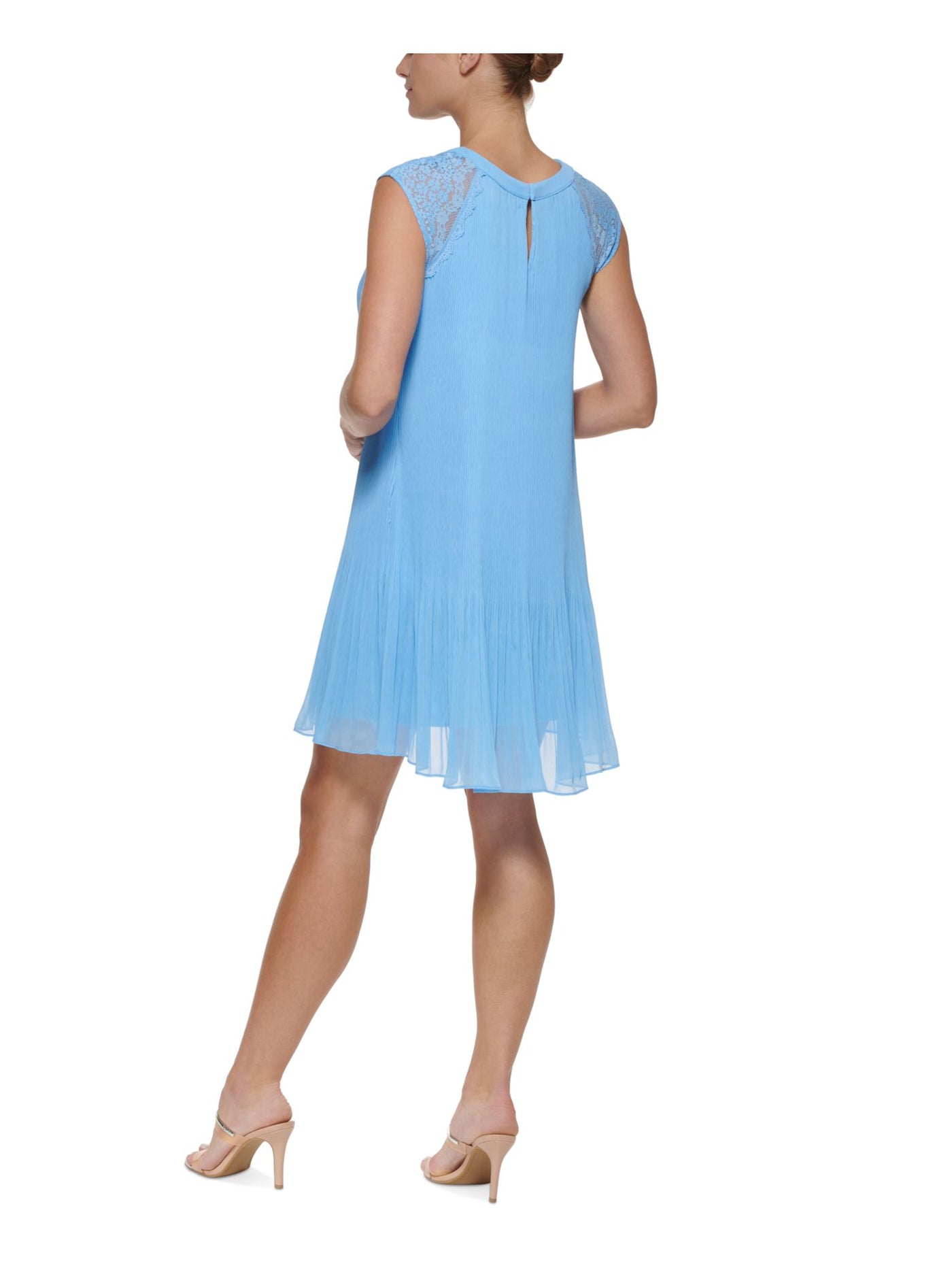 DKNY Womens Light Blue Pleated Lace Hook And Eye Closure Pullover Cap Sleeve Round Neck Above The Knee Trapeze Dress 2
